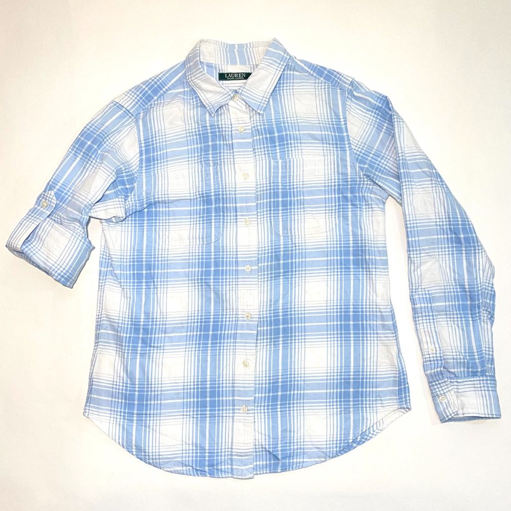 Lauren Ralph Lauren Light Blue/White Plaid Roll Sleeve Shirt 2 Pockets Size M